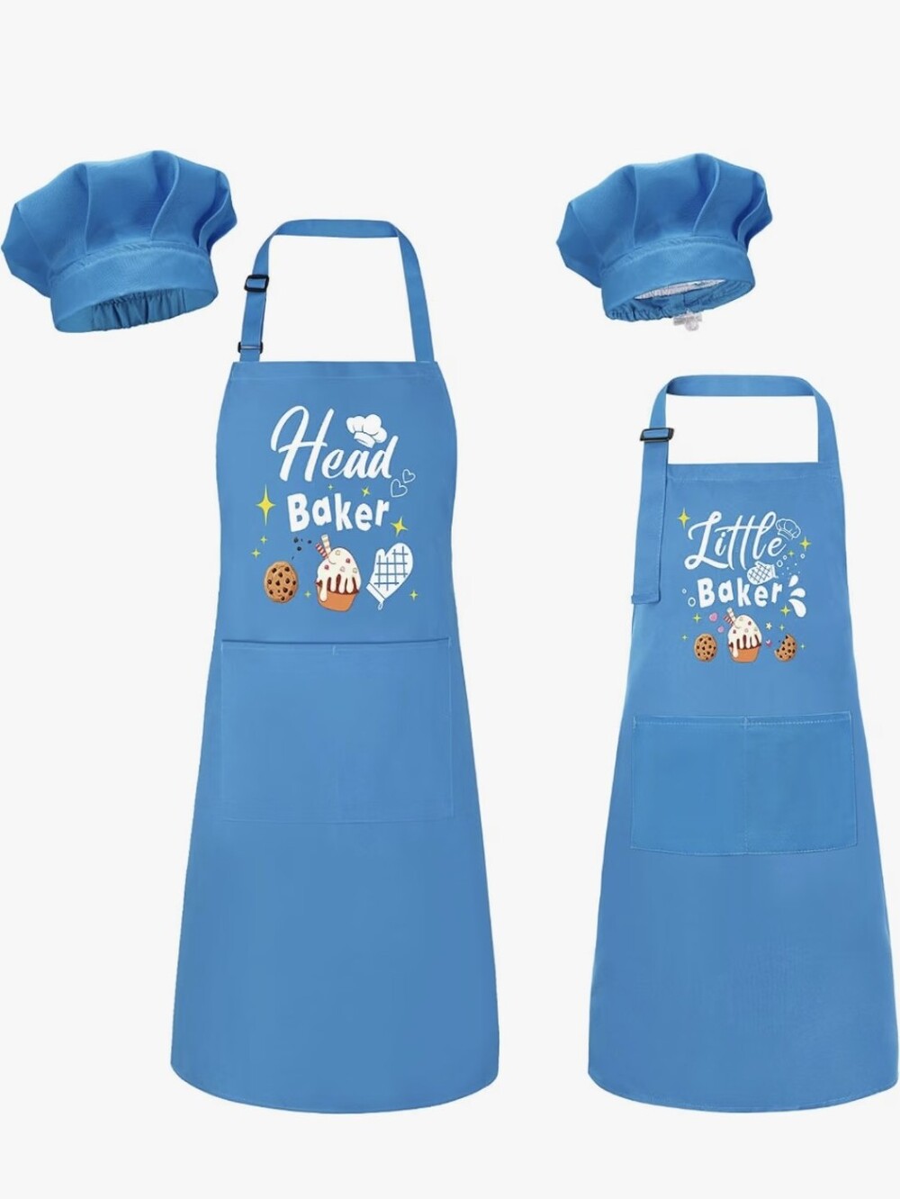 4pcs Blue 'Head Baker' & 'Little Baker' Apron Set with Chef Hats